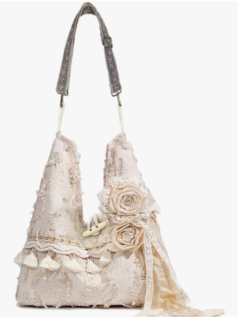 Boho Lace Hobo Bag with Floral designing Cream